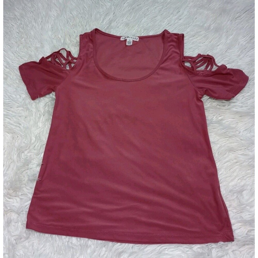 Eye Candy Womens XL Dusty Rose Pink Cold Shoulder Top Strappy Lattice Short Slee